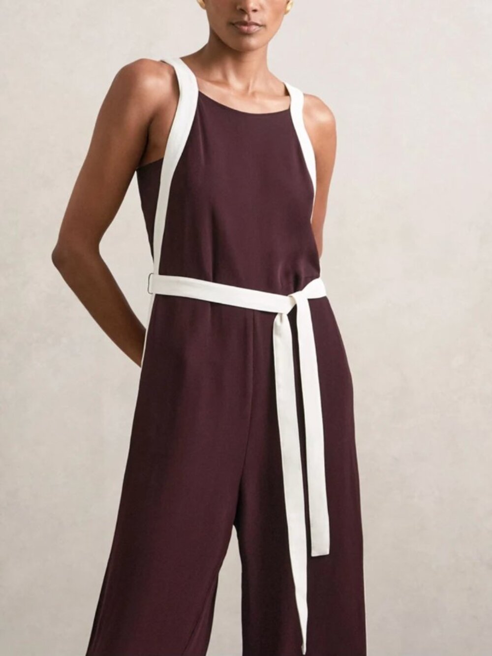 REISS Salma Colourblock Wide Leg Belted Jumpsuit 6/8/12 Burgundy/Cream - Picture 3 of 11